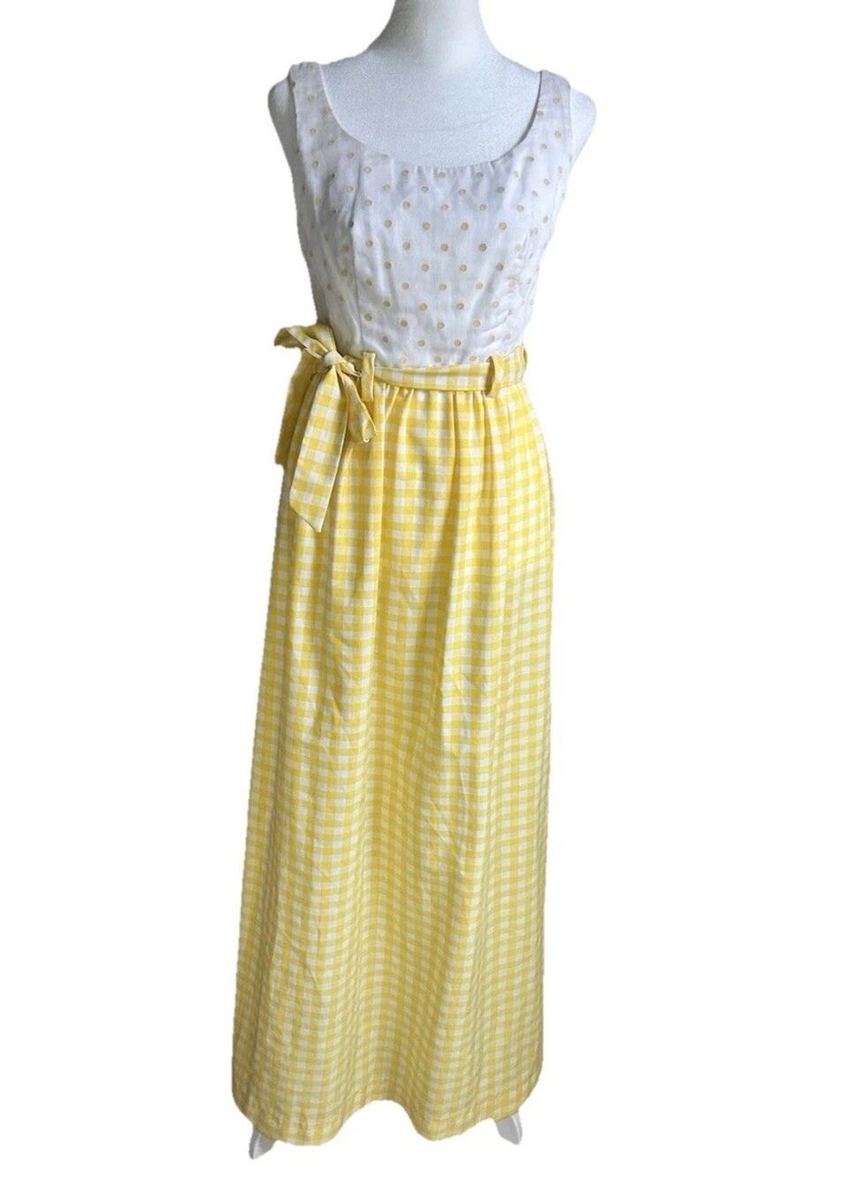 Vintage 70s Chas L Lewis Maxi Dress XS Yellow Gingham Polka Dot Prairie Boho